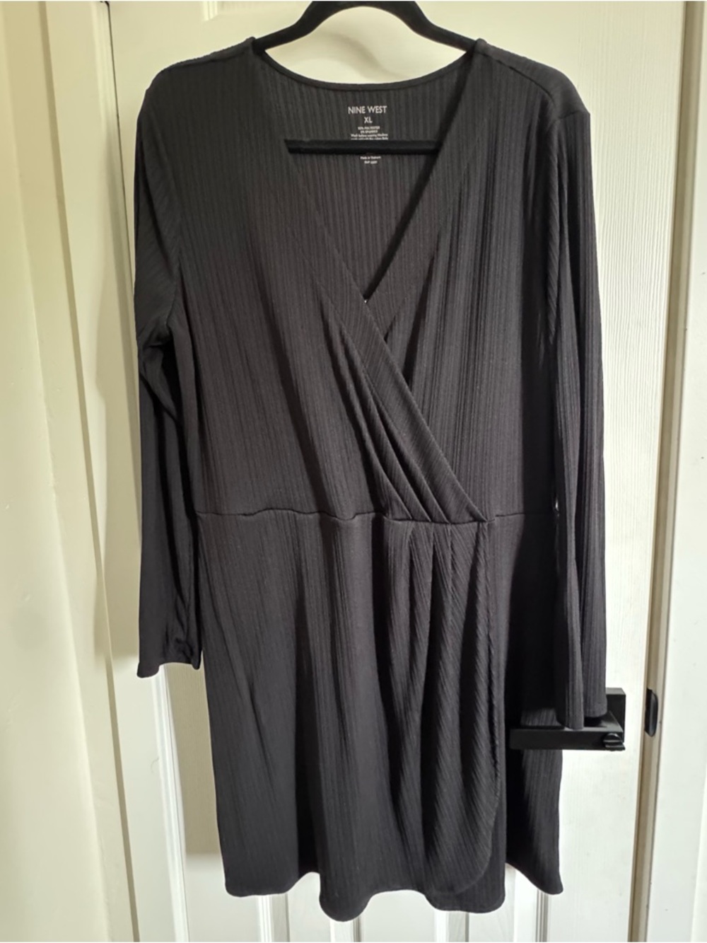 Nine West Black Long-Sleeve Faux-Wrap Ribbed Dress